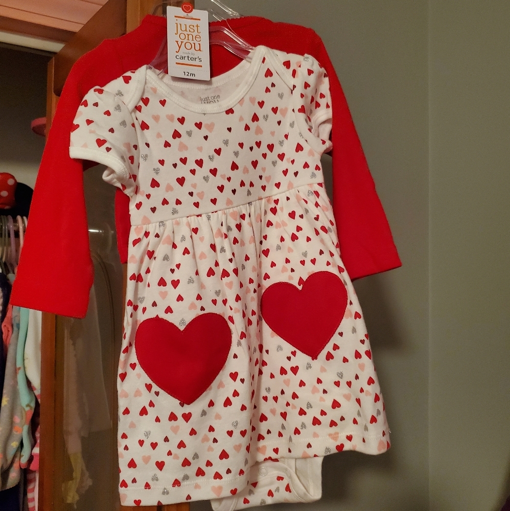Heart print dress with matching red cardigan